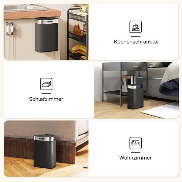 Verwendungsbeispiele für Abfallbehälter in Küche, Schlafzimmer und Wohnzimmer