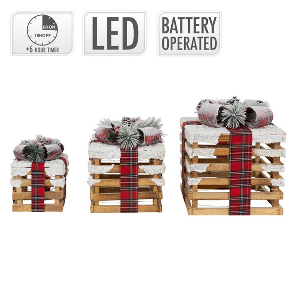 ECD Germany 3er Set LED Geschenkboxen, Braun, Holz geschneit, batteriebetrieben mit Timer, Weihnachtsdeko Weihnachten Geschenk Beleuchtet Weihnachtsbaum Dekoration Weihnachtsgeschenkbox Leuchtkästen