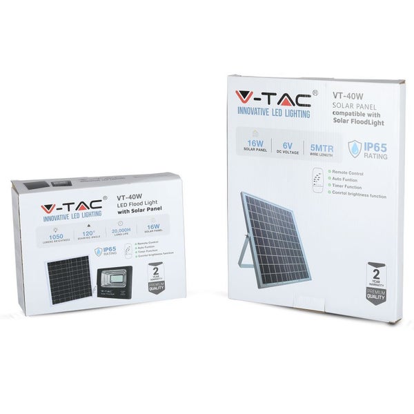 V-TAC Solarpanel und LED Flutlicht zur innovativen LED-Beleuchtung in Produktverpackung