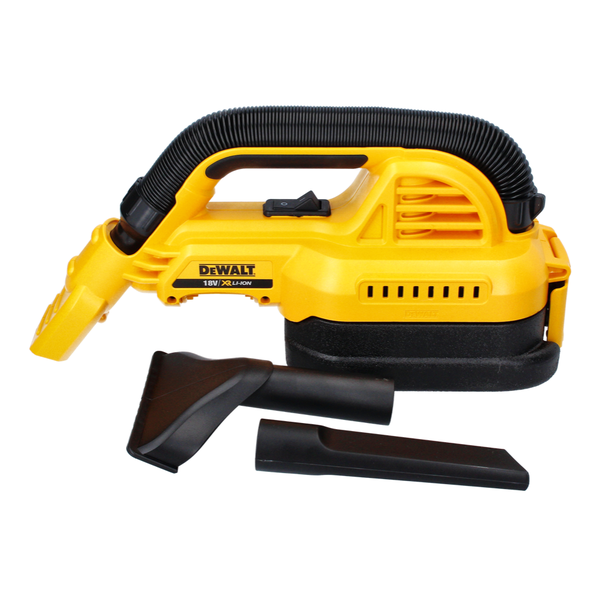 DeWalt Akkumulator-Handsauger 18 Volt XR Lithium-Ionen mit flexiblem Saugschlauch, Fugendüse und Polsterdüse.