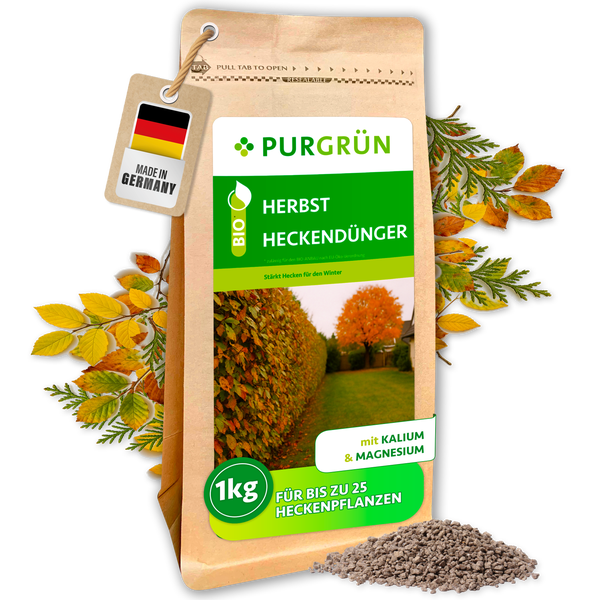 PURGRÜN Bio Herbst Heckendünger für Heckenpflanzen, 1 Kilogramm Packung, Made in Germany Qualität, mit Kalium und Magnesium für den Winter.