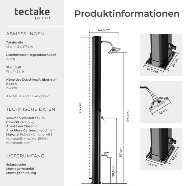 Produktinformationen zur Solardusche mit technischen Daten und Abmessungen.
