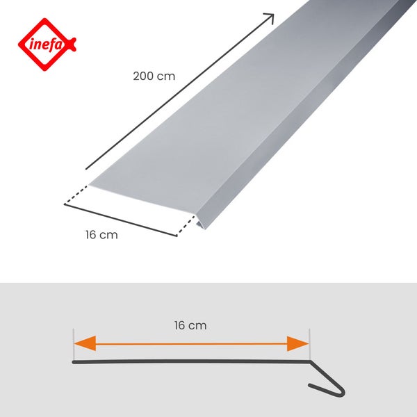 Inefa Logo, Dachprofil Tropfkante mit einer Länge von 200 Zentimeter und einer Breite von 16 Zentimeter sowie Profilskizze.