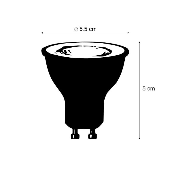Skizze eines GU10 LED Leuchtmittels mit einem Durchmesser von 5,5 Zentimetern und einer Höhe von 5 Zentimetern.