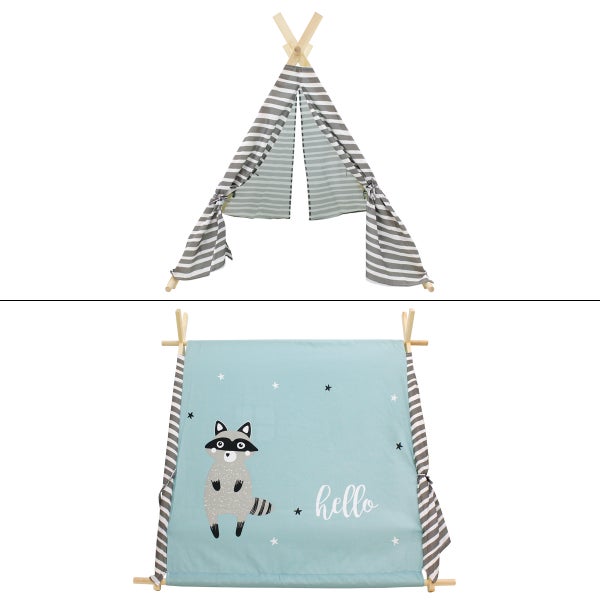 ECD Germany Tipi Spielzelt für Kinder, 108x105x117cm, Indianerzelt Türkis mit Waschbär Motiv, drinnen/draußen, Teepee Kinderzelt mit 2 Türen & einem Fenster, Kinderzimmer Spielhaus für Mädchen/Jungen