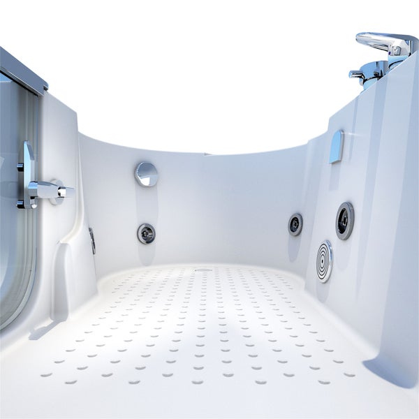 Innenansicht einer Badewanne mit Duschtrennwand, Armatur und Massagedüsen