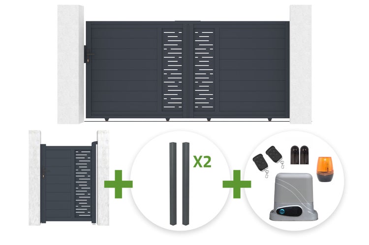 Anthrazitfarbenes Schiebetor-Set mit passender Gartentür, zwei Pfosten und elektrischem Antrieb inklusive Fernbedienungen und Warnleuchte.