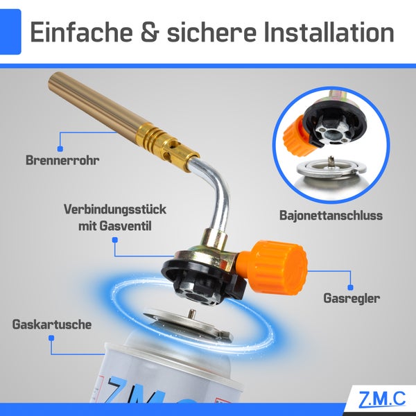Z.M.C ALLZWECKBRENNER Gasbrenner 1,65 kW + 8x Gaskartuschen 227g, Lötbrenner bis zu 1371 °C, Schweißbrenner Bunsenbrenner mit einstellbarer Flamme, Abflammgerät Lötlampe ideal für Werkstatt