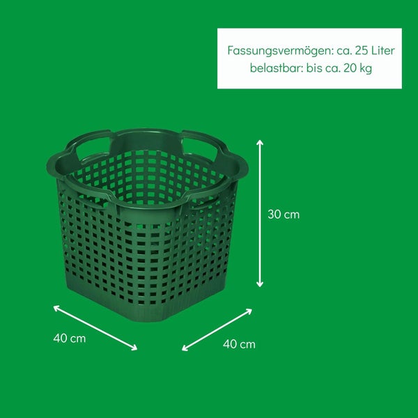 Kunststoffkorb mit Gitterstruktur, 40 mal 40 mal 30 Zentimeter, Fassungsvermögen circa 25 Liter, belastbar bis circa 20 Kilogramm.
