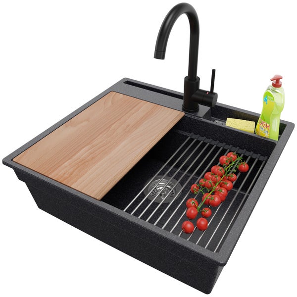 PRIMAGRAN Granitspüle Anthrazit 58x53cm, Spülbecken 1 Becken + Küchenarmatur 32x20cm + Ablauf-Set + Küchenzubehörset, Küchenspüle ab 60er Unterschrank - Oslo Pocket