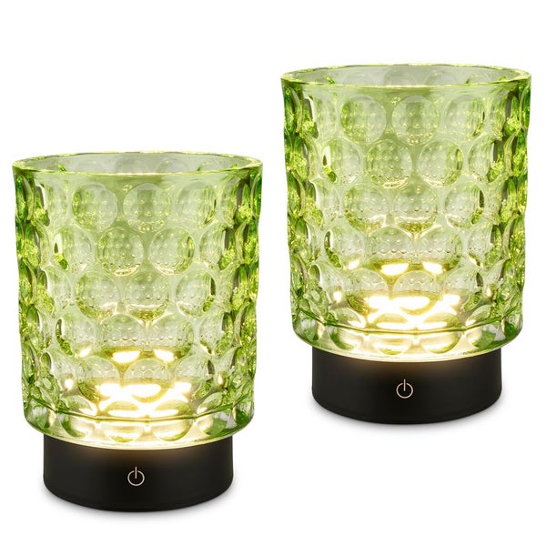 Zwei dekorative LED-Leuchten aus strukturiertem grünem Glas mit schwarzem Sockel und Touch-Funktion.