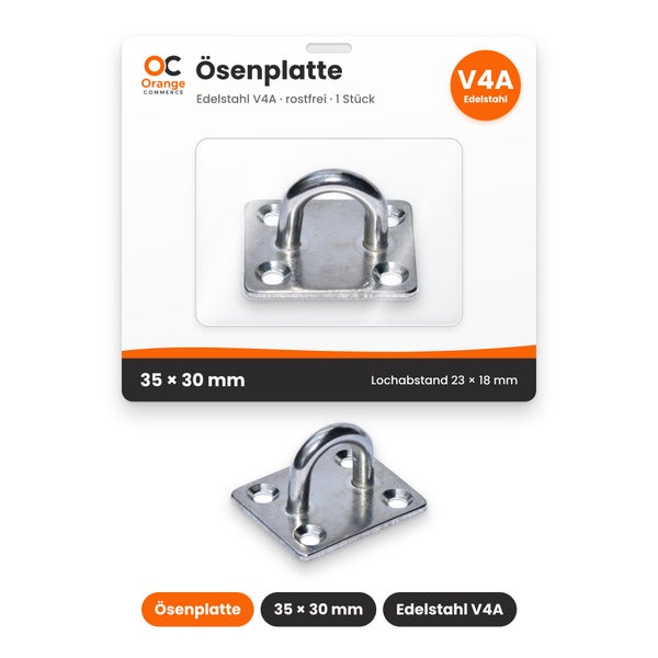 Ösenplatte aus Edelstahl V4A 35 x 30 Millimeter für die Wandbefestigung mit einem Lochabstand von 23 x 18 Millimetern
