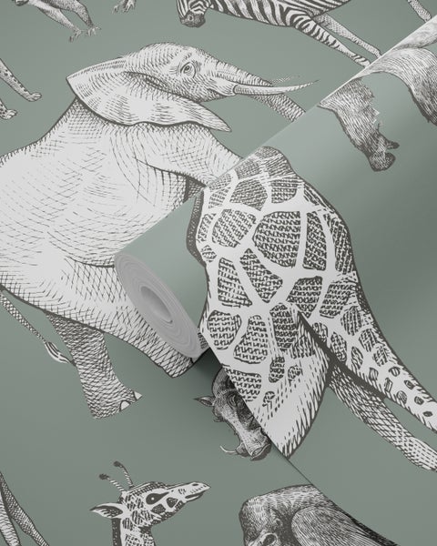 Tapetenrolle mit Tiermuster aus Elefanten, Giraffen, Zebras und Warzenschweinen