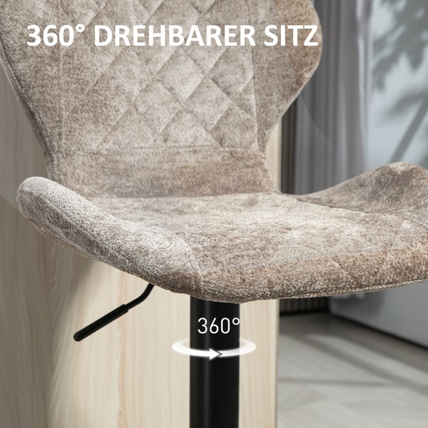 HOMCOM Barhocker 2er-Set, Gepolstert Barstuhl mit Lehne, Chenille-Optik, Stahlgestell, Höhenverstellbare Küchenstühle mit Fußstütze Drehbar Tresenhocker modern für Küche Braun