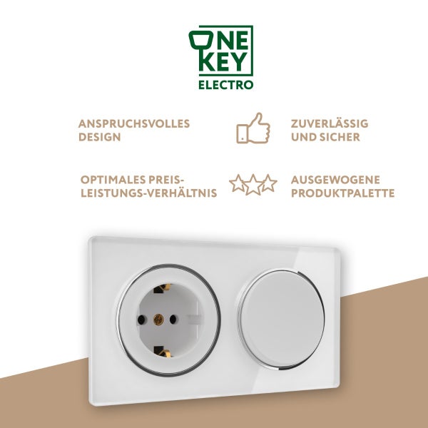 Eine Kombination aus Steckdose und Lichtschalter von One Key Electro mit anspruchsvollem Design.