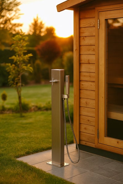 Moderne Außendusche aus Edelstahl mit Handbrause auf einer Terrasse neben einer Holzsauna im Garten.
