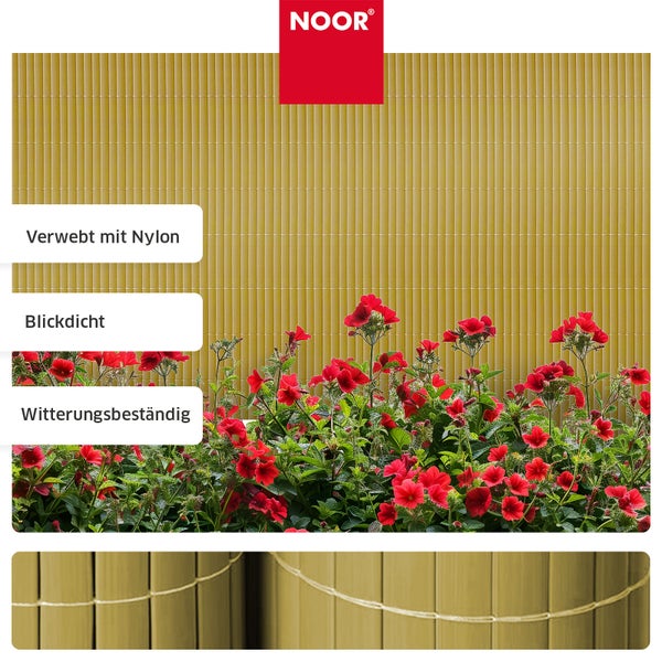 Noor Logo und Sichtschutzmatte aus Kunststoff mit Nylonverwebung für den Garten als wetterfester Sichtschutz vor blühenden roten Blumen