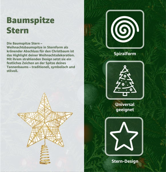 Goldener Baumschmuck in Sternform mit Spiralhalterung zur Befestigung an der Spitze des Weihnachtsbaums