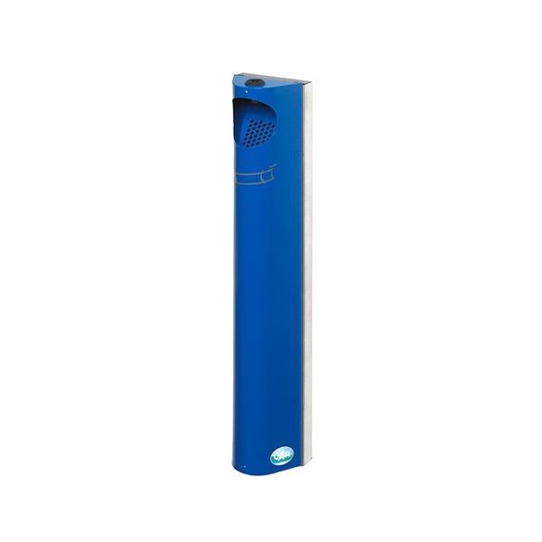 Wandaschenbecher aus blauem Stahl für den Außenbereich mit Zigarettensymbol und VAR Logo.