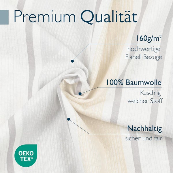 Nahaufnahme von gestreiftem Flanell-Stoff aus 100 Prozent Baumwolle mit 160 Gramm pro Quadratmeter und OEKO-TEX Logo.