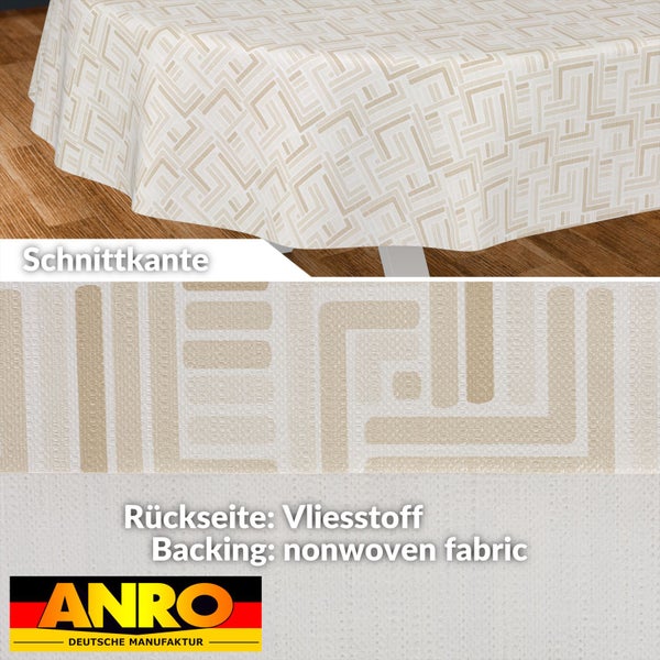 Wachstuch-Tischdecke mit geometrischem Muster, Schnittkante und Vliesstoff-Rückseite. ANRO Deutsche Manufaktur Logo.