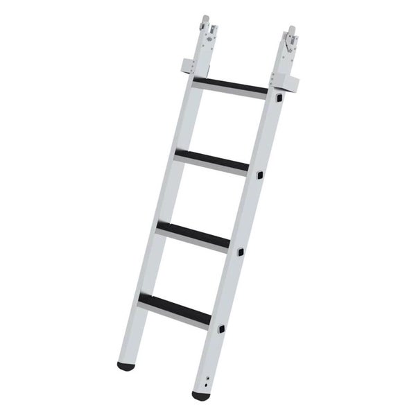 Aluminiumleiter mit vier schwarzen Stufen und oberer Einhängevorrichtung.