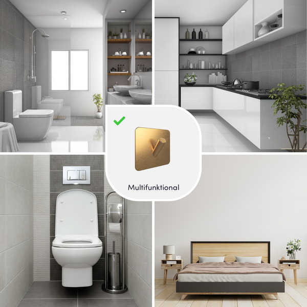 Multifunktionaler Wandhaken in Goldoptik, dargestellt in verschiedenen Wohnbereichen wie Bad, Küche und Schlafzimmer.