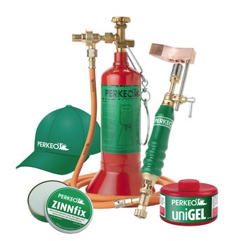 Perkeo Dachdeckerloetset inklusive Gasbehaelter, Loetkolben, Zinnfix Loetpaste, Unigel und Kaeppi.
