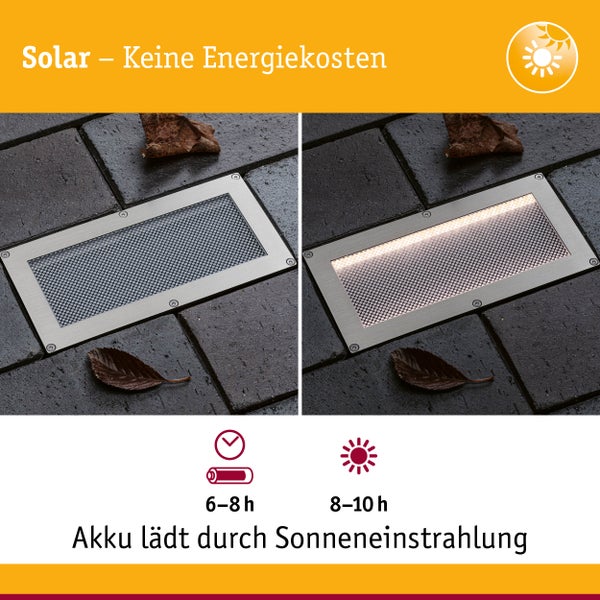 Rechteckige Solar-Bodenleuchte aus Edelstahl, aus- und eingeschaltet in Pflastersteinen. Laden 6 bis 8 Stunden, Leuchten 8 bis 10 Stunden.