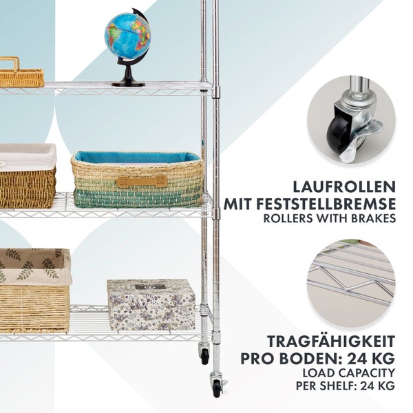 KARAT Gitterregal Maya mit Rollen und Feststellbremse 5 Böden 89 x 34 x 150 cm Verchromt