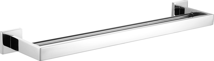 Doppelter Handtuchhalter aus Metall in Chrom-Optik mit eckiger Wandbefestigung.