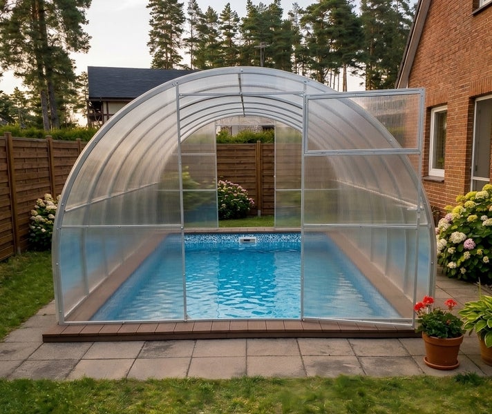 Überdachtes Schwimmbecken mit einer halbkreisförmigen Poolüberdachung aus transparenten Doppelstegplatten im Garten eines Wohnhauses.