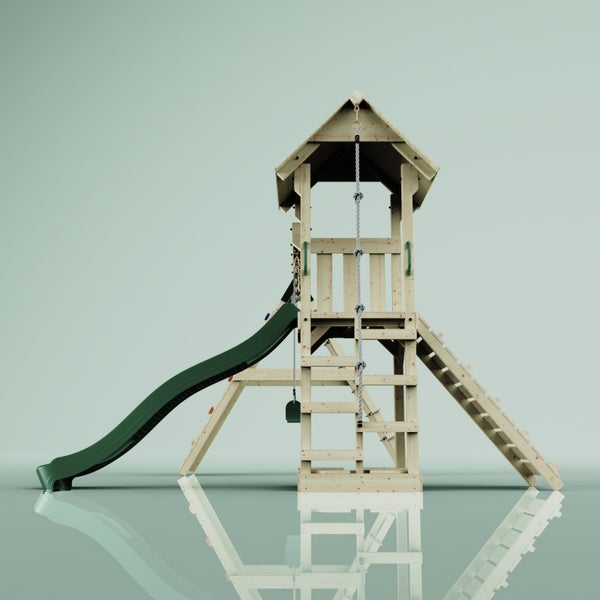 Spielturm aus Holz mit Rutsche, Kletterwand, Strickleiter und Schaukel