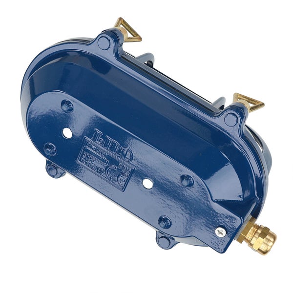 Blaues Gehäuse mit Anschlussstück