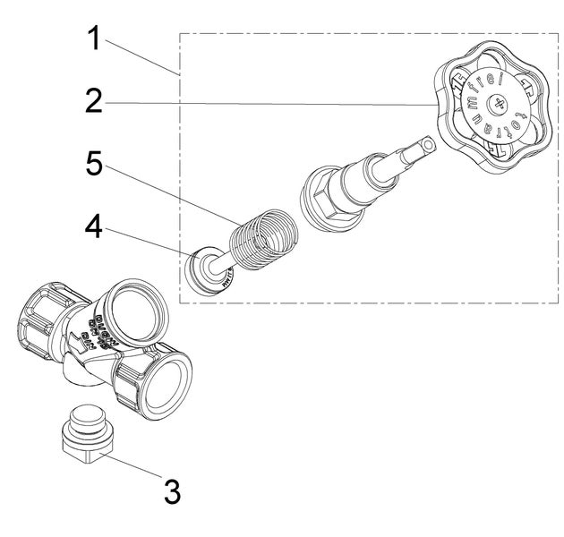 Explosionszeichnung eines Ersatzteilsets für einen frostfreien Außenwasserhahn mit nummerierten Teilen wie Handrad, Feder und Dichtungen.