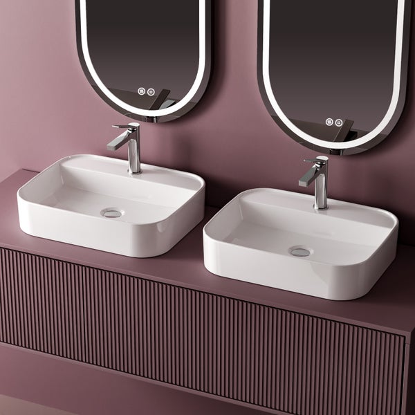 EMKE Aufsatzwaschbecken 700x400 mm, Keramik, Eckiger Waschtisch mit Hahnloch, Pflegeleicht, für Wand- oder Aufsatzmontage, Glänzend Weiß, für Badezimmer