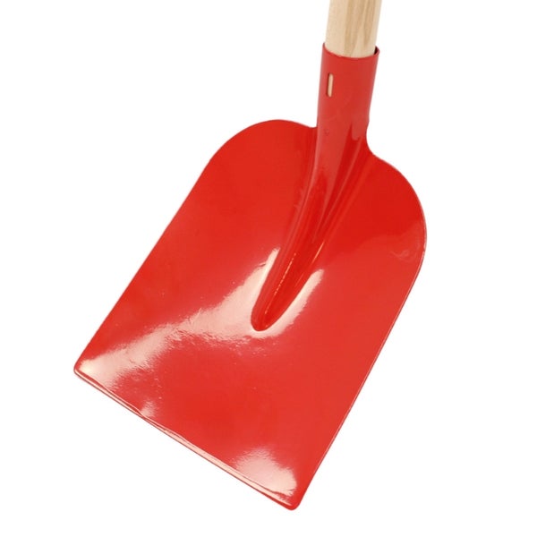 Rote Holsteiner Schaufel mit Holzstiel.