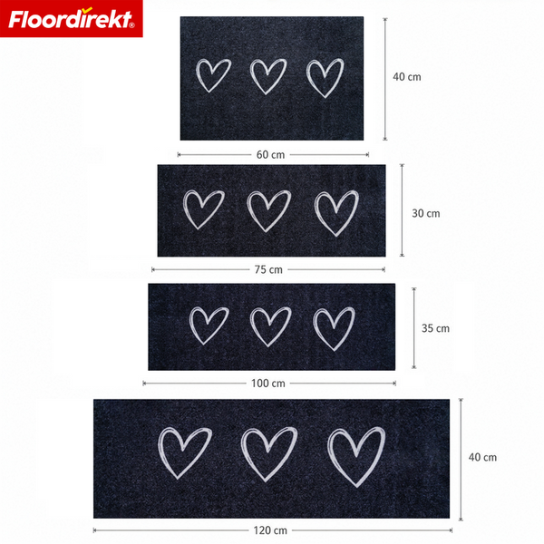 Floordirekt Logo, vier Fussmatten mit Herzmotiv in verschiedenen Groessen von 60 mal 40 Zentimeter bis 120 mal 40 Zentimeter.