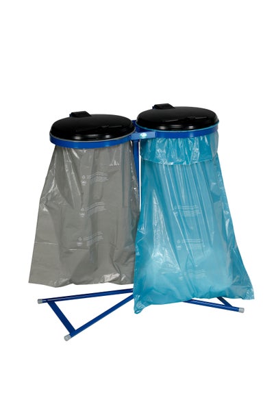 PROREGAL Robuster Doppel Abfallsammler Mit Kunststoff Deckel Stationär 2 x  120 Liter HxBxT 98 x 85 x 48 cm Stahl Blau Schwarz