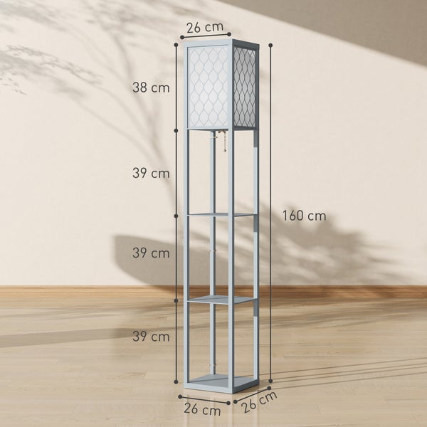Moderne hellblaue Stehleuchte mit drei Regalböden und Maßen. Gesamthöhe 160 Zentimeter, Breite 26 Zentimeter, Tiefe 26 Zentimeter.