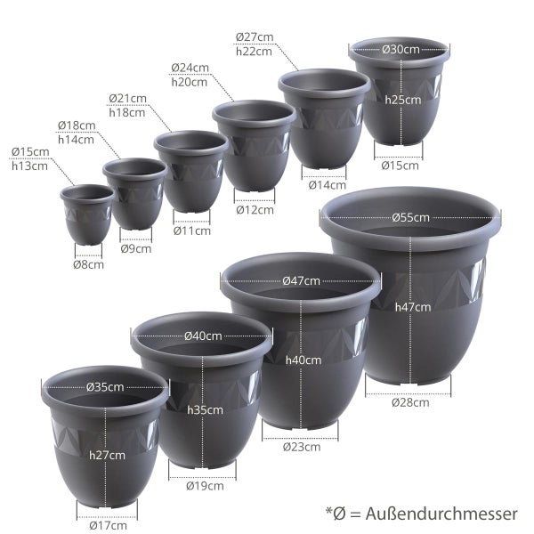 Blumentöpfe in verschiedenen Größen mit geometrischem Muster