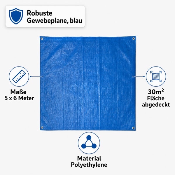 Robuste Gewebeplane aus Polyethylen mit den Maßen 5 x 6 Meter und einer Abdeckfläche von 30 Quadratmetern.
