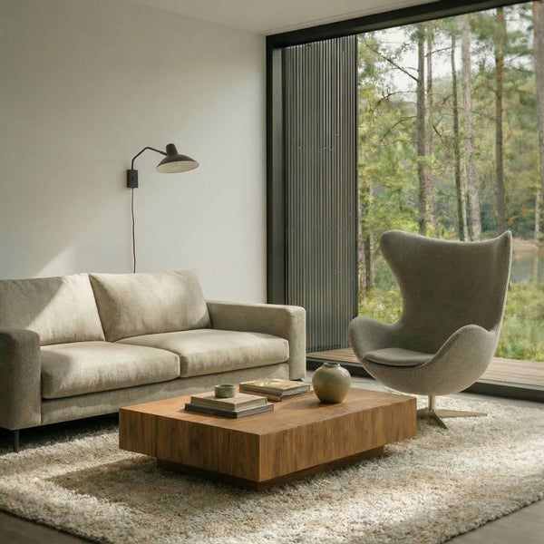 Wohnzimmer mit Sofa, Sessel, Couchtisch, Teppich und Stehlampe