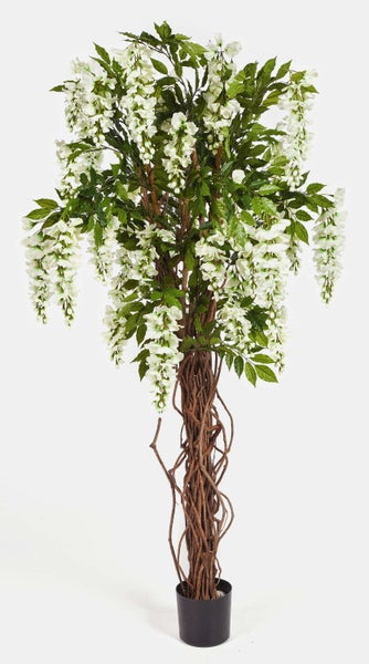 Künstlicher Blauregen Baum mit weißen Blüten und grünen Blättern in einem schwarzen Topf.