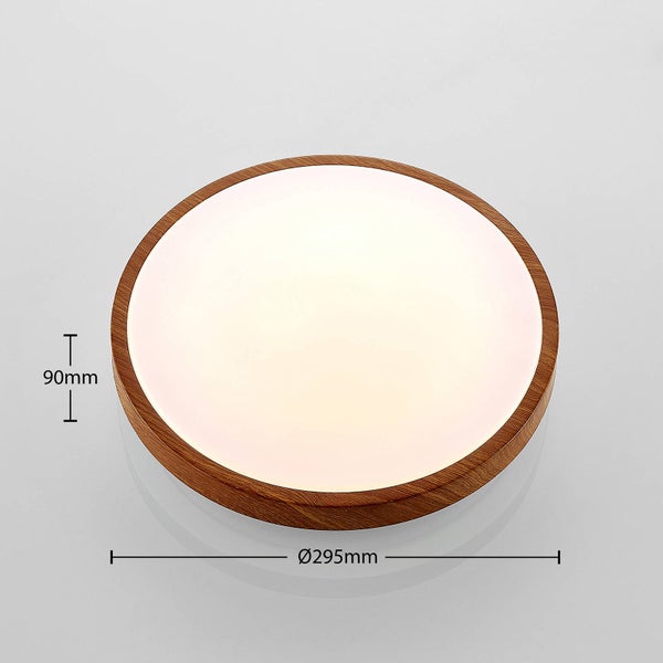 Runde Deckenleuchte in Holzoptik, Durchmesser 295 Millimeter, Höhe 90 Millimeter.