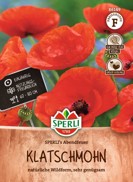 Sperli Klatschmohn Abendfeuer Saatgut, einjährige Wildform mit 60 bis 80 Zentimeter Wuchshöhe, nützlingsfreundlich, ideal für Vögel.