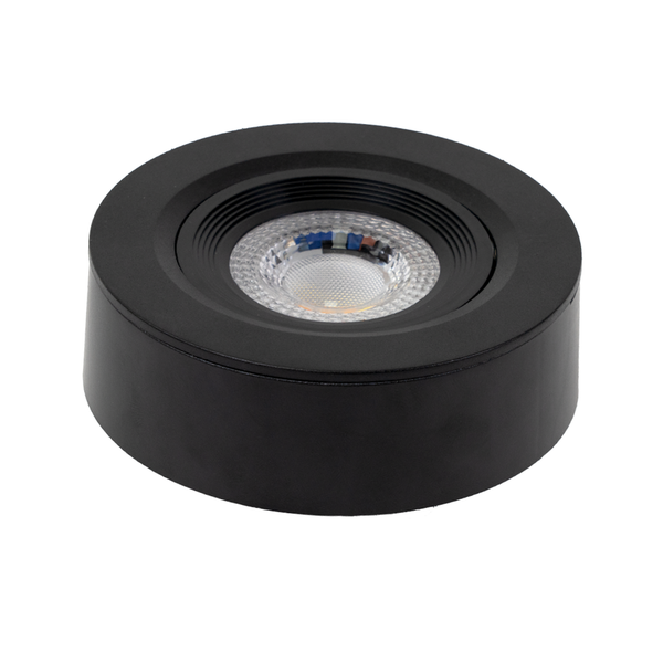 Runder LED Aufbaustrahler in Schwarz mit flachem Gehäuse.