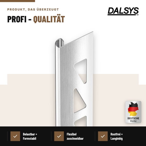 Dalsys Fliesenprofil aus Metall für Wandkanten mit Dalsys Logo und Hinweisen zu Stabilität, Flexibilität und Rostbeständigkeit.