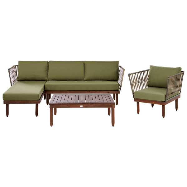 Garten-Lounge-Set bestehend aus einem Ecksofa, einem Sessel und einem Couchtisch aus Holz mit olivgrünen Polstern und Seilgeflecht.