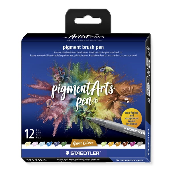 STAEDTLER Artist Series Pigment Brush Pen Set mit 12 hochwertigen Tuschestiften für künstlerisches Arbeiten.